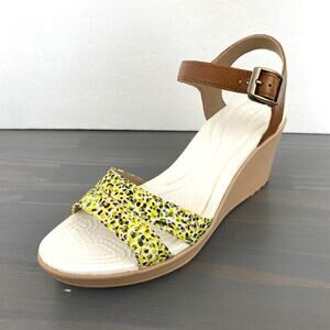 Crocs Leigh II Ankle Strap Graphic Wedge Sandals Women Size 8 Yellow Hazelnut
